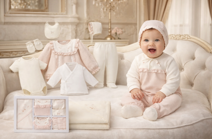 Set cadou 10 piese pentru nou nascuti, Bumbac Organic, Luxury Girl, Floricele brodate [3]