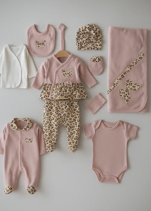 Set cadou 10 piese pentru nou nascuti, Bumbac Organic, Luxury Girl, Roz Pudra [2]