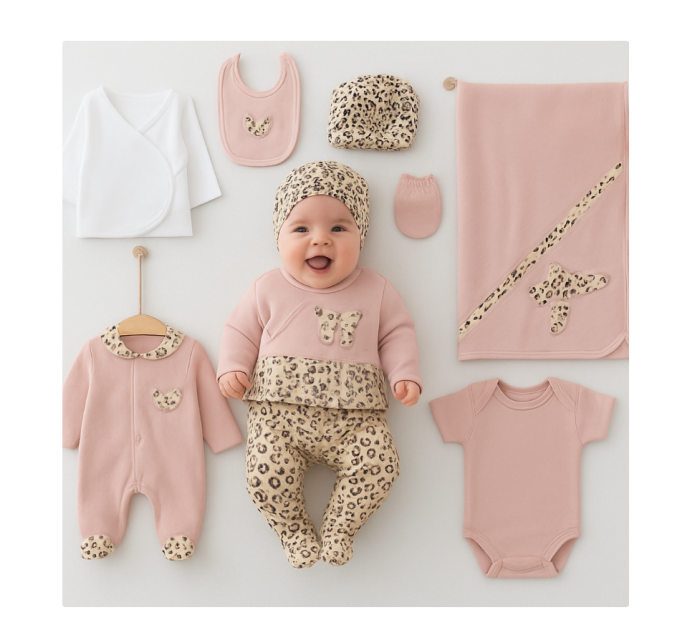 Set cadou 10 piese pentru nou nascuti, Bumbac Organic, Luxury Girl, Roz Pudra [1]