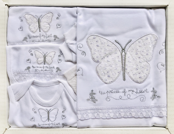 Set cadou Bebelusi/Nou-Nascut, broderie din bumbac lux, Fluturasi, Cadou botez 10 piese, 100% Bumbac antialergic, 0-3 luni, Alb [3]
