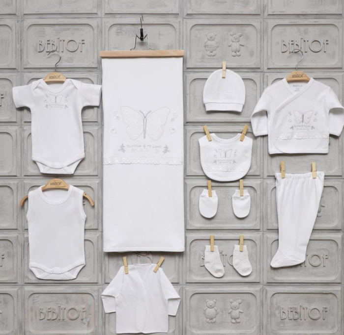 Set cadou Bebelusi/Nou-Nascut, broderie din bumbac lux, Fluturasi, Cadou botez 10 piese, 100% Bumbac antialergic, 0-3 luni, Alb [2]