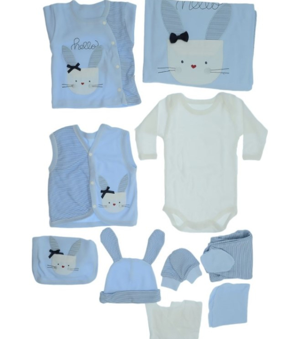 Set cadou Bebelusi/Nou-Nascut, imprimeu motanel, TONTON, 0-4 luni, 10 piese, Bumbac 100% anti-alergic,alb albastru [2]
