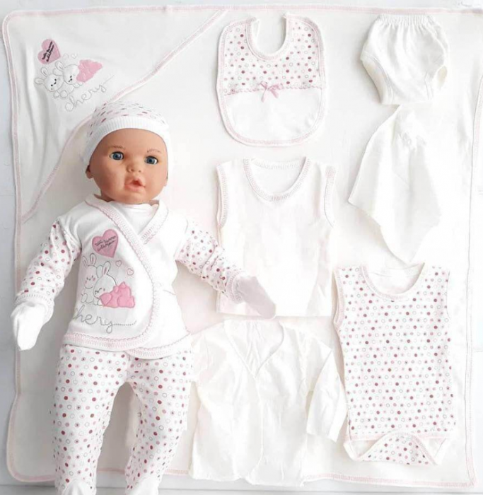 Set 10 piese nou nascut si bebelusi, Petino, 1-3 luni, model iepurasi, roz [2]