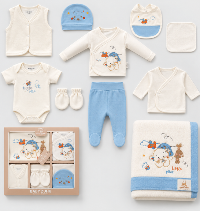 Set complet pentru bebeluși din bumbac organic, pentru cadou si maternitate, Alb-albastru [2]