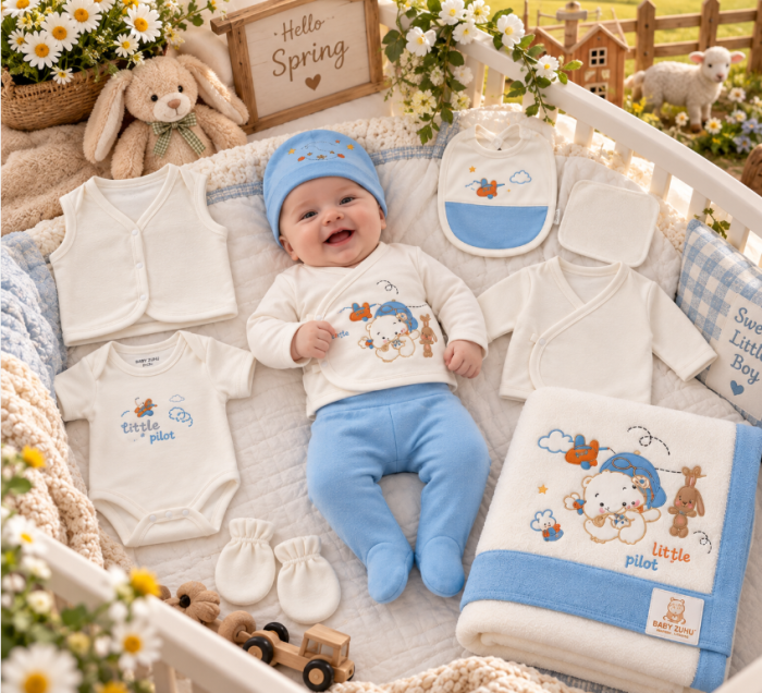 Set complet pentru bebeluși din bumbac organic, pentru cadou si maternitate, Alb-albastru [3]