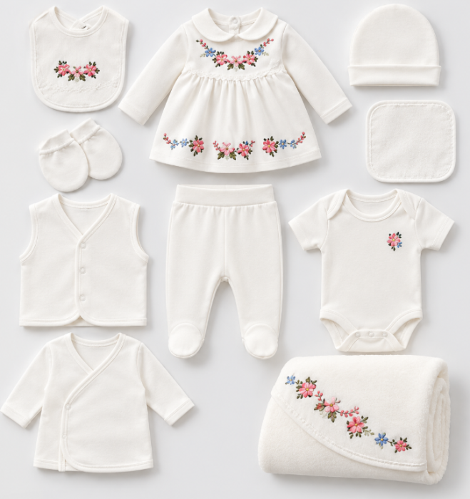 Set complet pentru bebeluși din bumbac organic, pentru cadou si maternitate, Cu broderie florala [2]