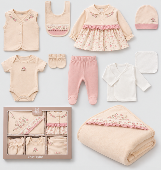 Set complet pentru bebeluși din bumbac organic, pentru cadou si maternitate, Cu broderie florala roz [2]
