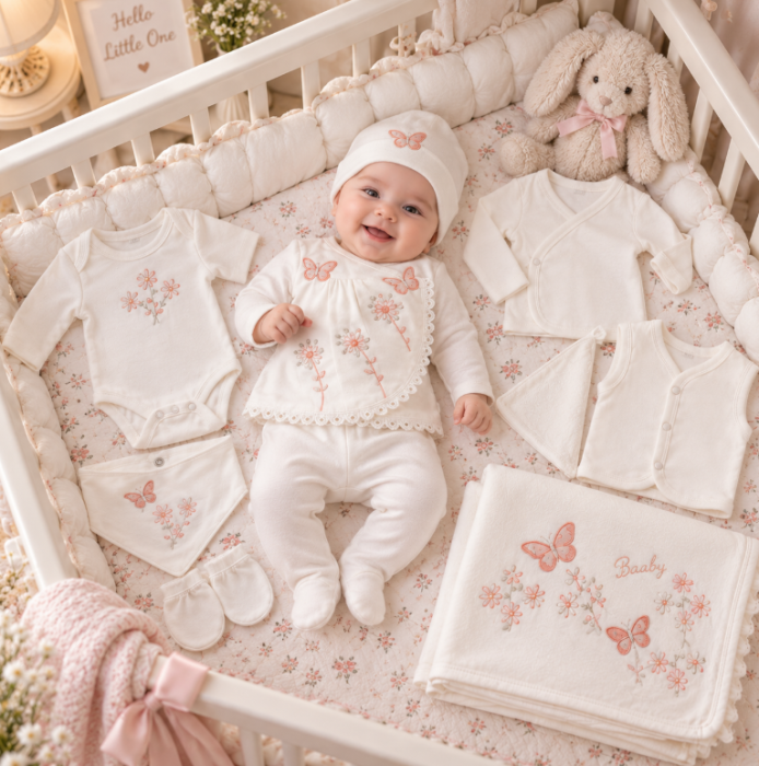 Set complet pentru bebeluși din bumbac organic, pentru cadou si maternitate, Cu broderie spring [3]