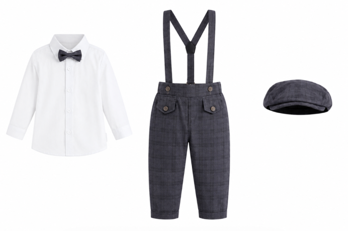 Set costum cu bretele si bascuta, Albastru [3]