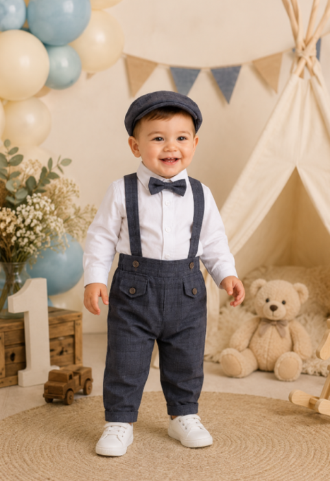 Set costum cu bretele si bascuta, Albastru [4]