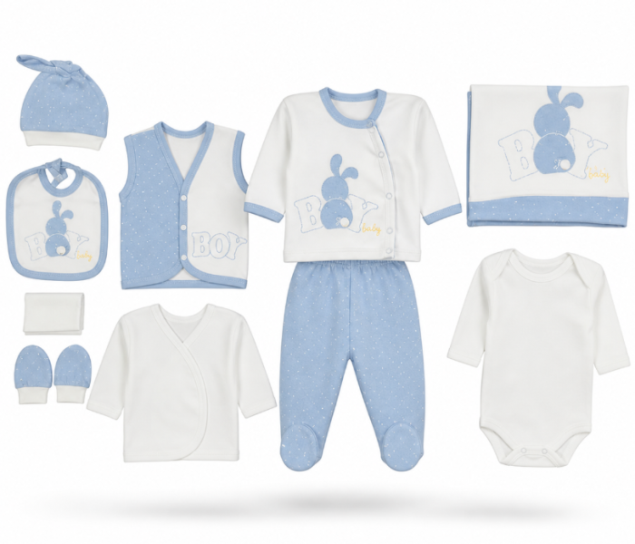 Set costumas, 10 piese, 0-3 luni, Bumbac organic, Iepuras, Albastru Turcoaz [2]