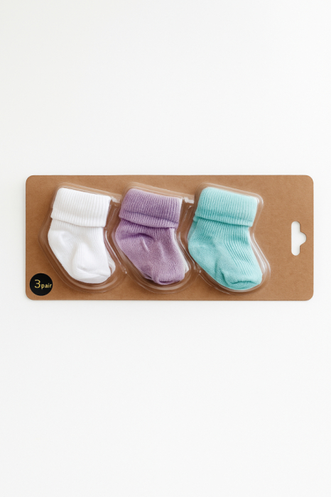 Set de 3 perechi de Șosete simple pentru bebeluși, 0-3 luni, alb, mov si verde [2]