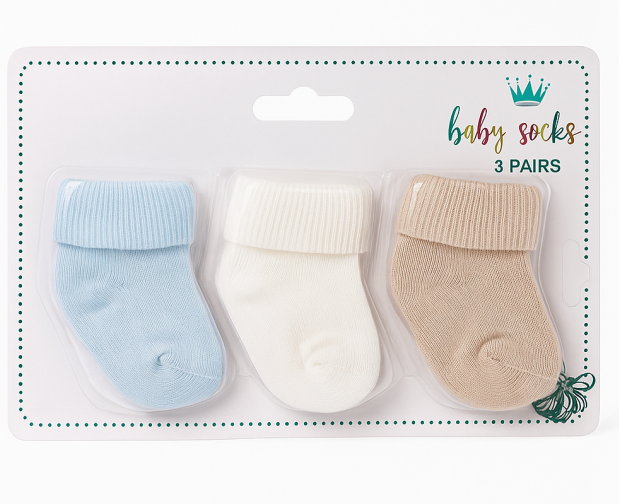 Set de 3 perechi de Șosete simple pentru bebeluși, 0-3 luni, albastru, alb si bej [2]