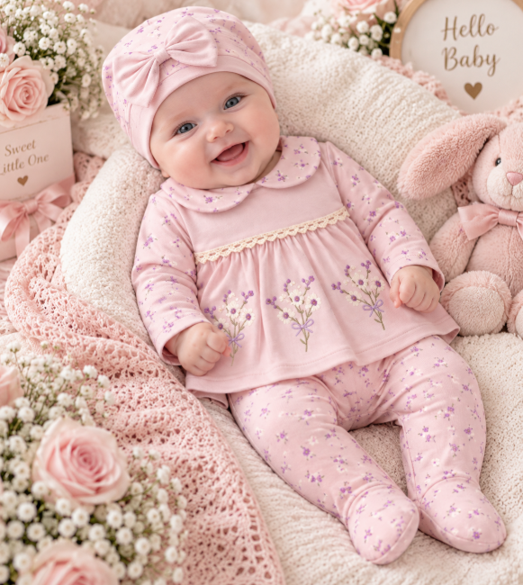 Set din bumbac organic pentru bebeluși – 5 piese, 0-3 luni, Broderie flori de liliac [2]
