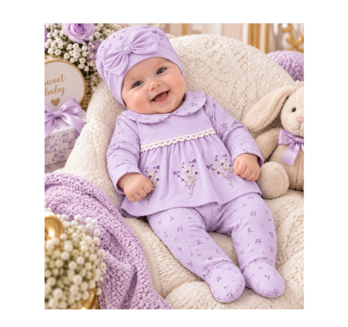 Set din bumbac organic pentru bebeluși – 5 piese, 0-3 luni, Broderie, liliac [2]