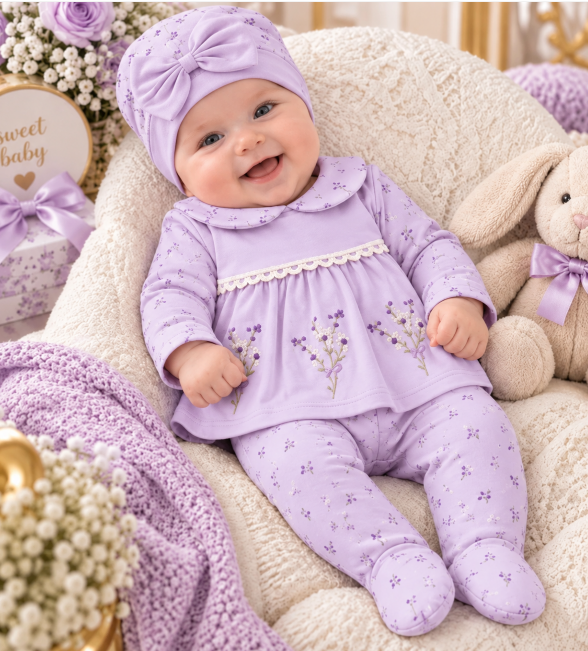 Set din bumbac organic pentru bebeluși – 5 piese, 0-3 luni, Broderie, liliac [2]