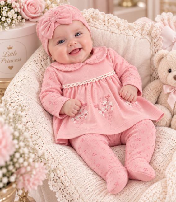 Set din bumbac organic pentru bebeluși – 5 piese, 0-3 luni, Broderie, roz [2]