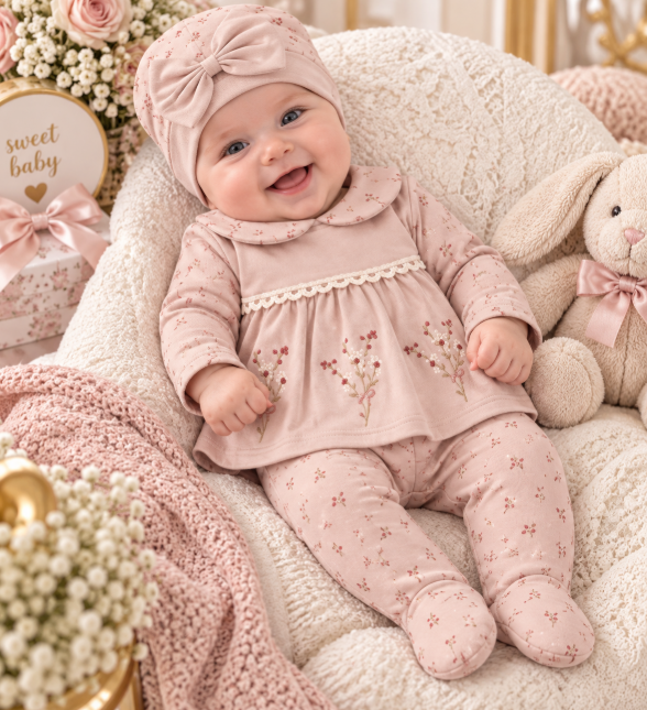 Set din bumbac organic pentru bebeluși – 5 piese, 0-3 luni, Broderie, roz pudra [2]