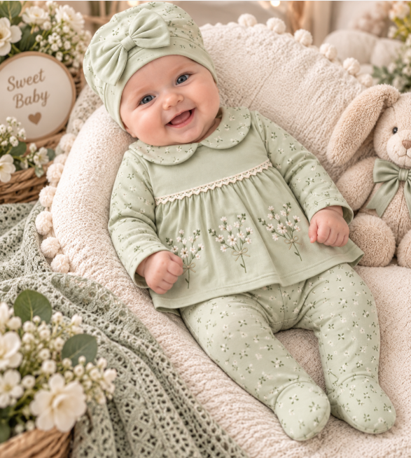 Set din bumbac organic pentru bebeluși – 5 piese, 0-3 luni, Broderie, verde vintage [2]