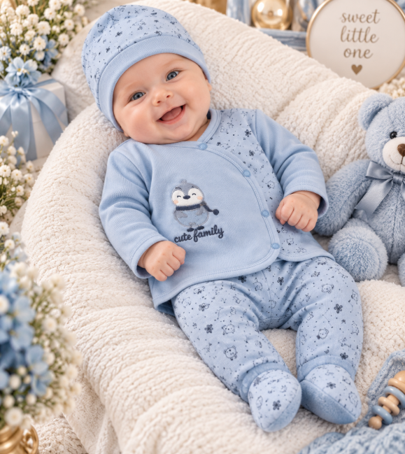 Set din bumbac organic pentru bebeluși – 5 piese, 0-3 luni, Familia fericita, albastru [2]