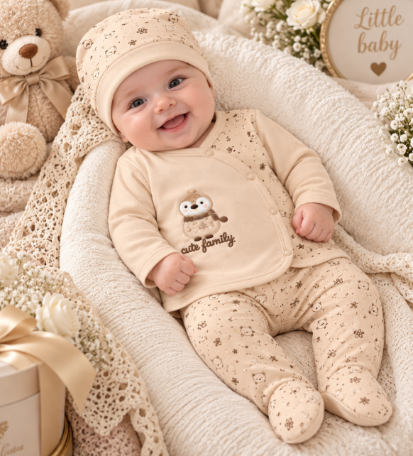 Set din bumbac organic pentru bebeluși – 5 piese, 0-3 luni, Familia fericita, bej [2]
