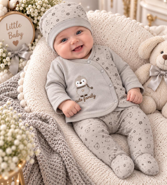 Set din bumbac organic pentru bebeluși – 5 piese, 0-3 luni, Familia fericita, verde-gri [2]