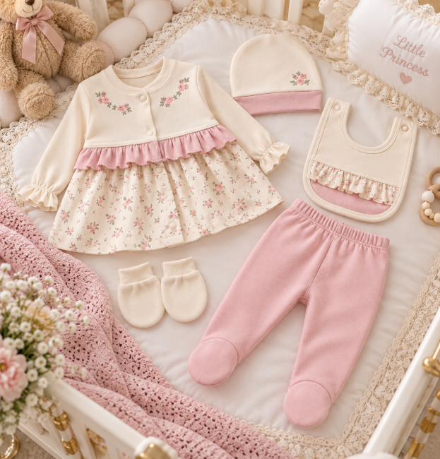 Set din bumbac organic pentru bebeluși – 5 piese, 0-3 luni, Flori brodate, roz [2]