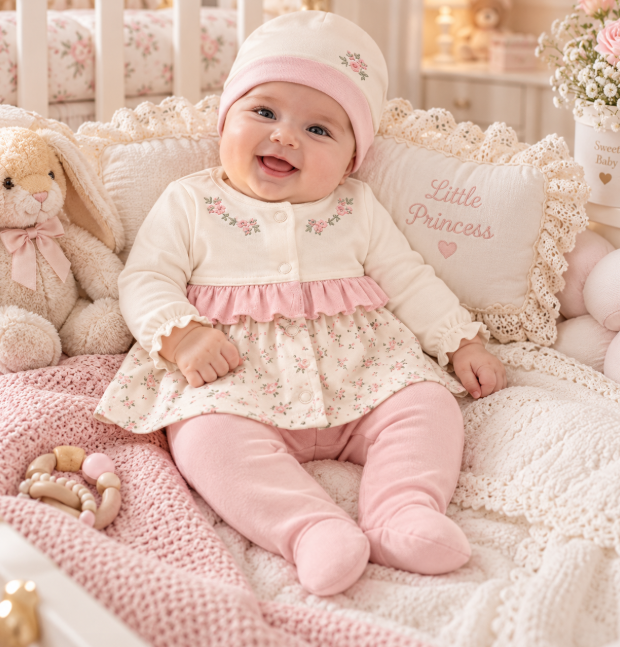 Set din bumbac organic pentru bebeluși – 5 piese, 0-3 luni, Flori brodate, roz [3]
