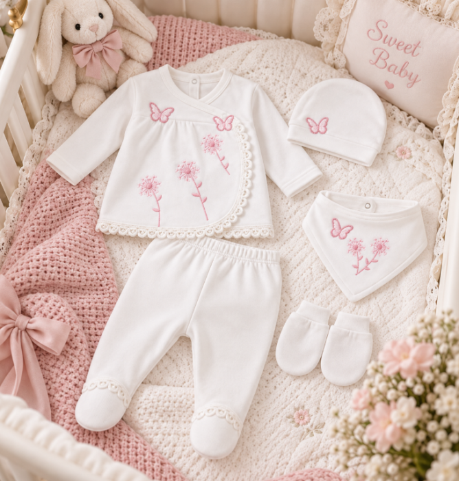 Set din bumbac organic pentru bebeluși - 5 piese, 0-3 luni, Flori de camp, roz [3]