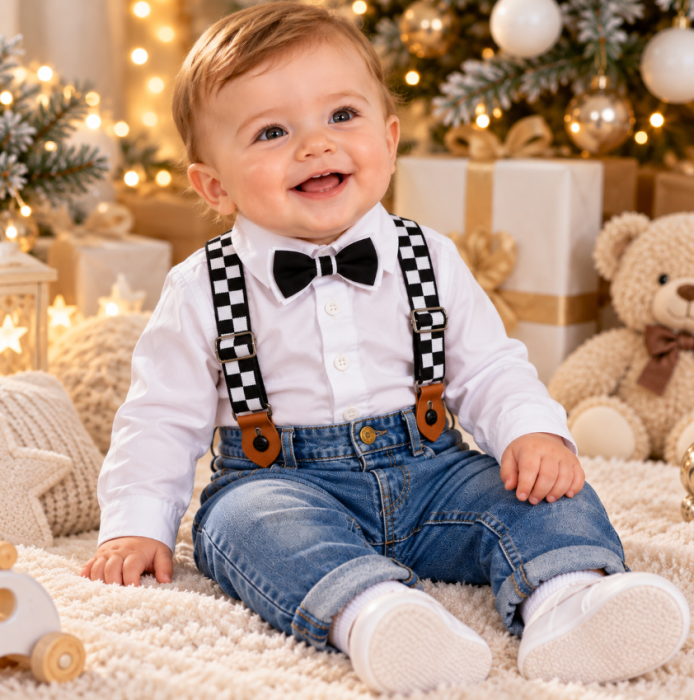 Set elegant pentru băieței cu body, 5 piese, pulover tricotat, papion și pantaloni cu bretele, Albastru [5]