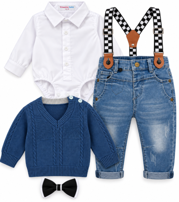 Set elegant pentru băieței cu body, 5 piese, pulover tricotat, papion și pantaloni cu bretele, Albastru [3]