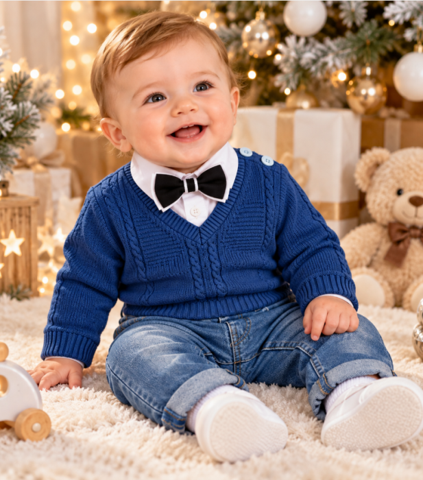Set elegant pentru băieței cu body, 5 piese, pulover tricotat, papion și pantaloni cu bretele, Albastru [7]