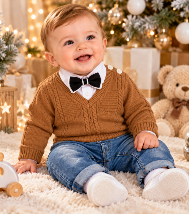 Set elegant pentru băieței cu body, 5 piese, pulover tricotat, papion și pantaloni cu bretele, Maro [2]