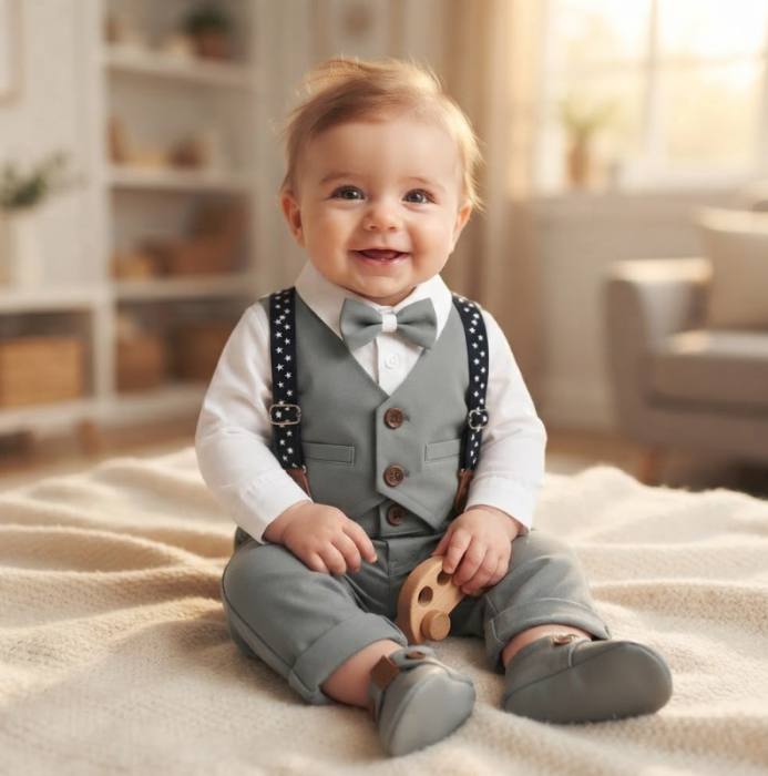 Set elegant pentru băieței cu body, vestuță atașată, pantaloni și papion, gri [2]