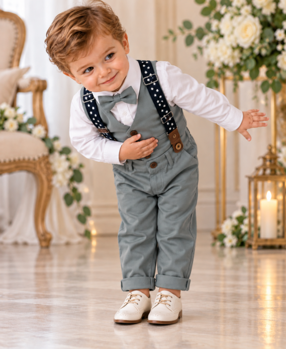 Set elegant pentru băieței cu body, vestuță atașată, pantaloni și papion, gri [3]