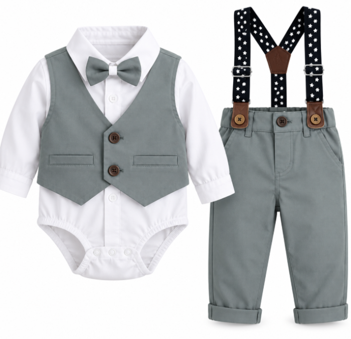 Set elegant pentru băieței cu body, vestuță atașată, pantaloni și papion, gri [4]