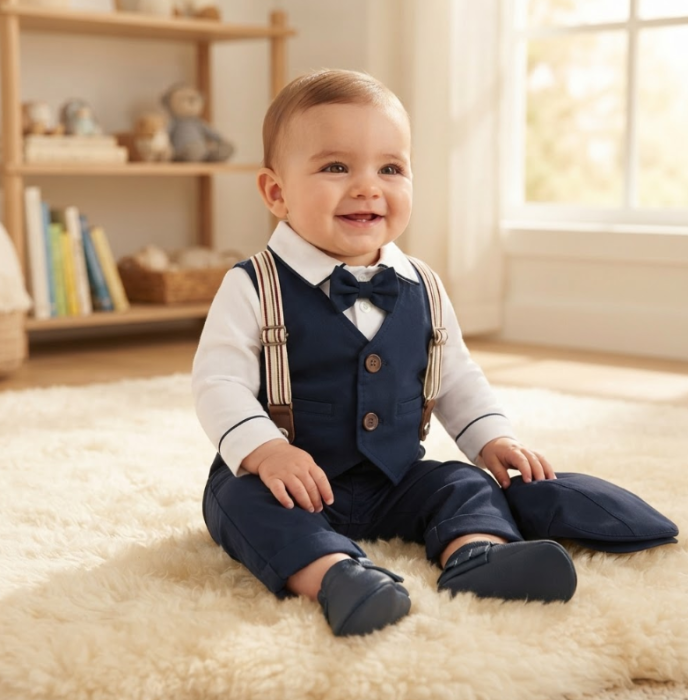 Set elegant pentru băieței din bumbac, cu vestă, pantaloni cu bretele, body cu papion și șapcă, Bleumarin [4]