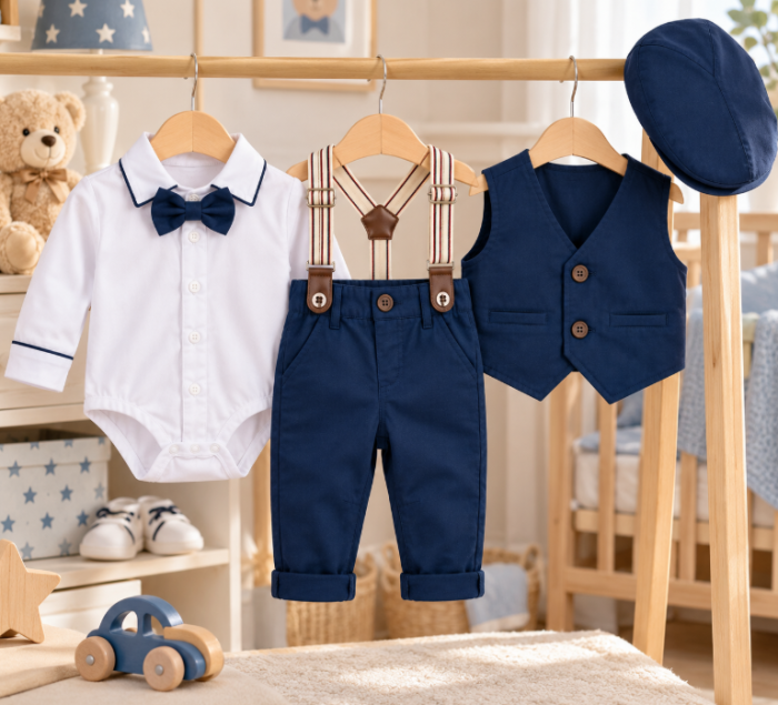 Set elegant pentru băieței din bumbac, cu vestă, pantaloni cu bretele, body cu papion și șapcă, Bleumarin [2]