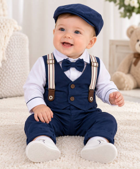 Set elegant pentru băieței din bumbac, cu vestă, pantaloni cu bretele, body cu papion și șapcă, Bleumarin [3]