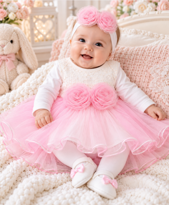 Set elegant pentru bebeluși, ambalat în cutie de cadou, 0-3 luni, roz cu trandafiri [2]