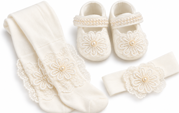 Set elegant pentru bebeluși cu pantofiori, dres și accesorii din dantelă – Caprice Baby Collection, floricica [2]