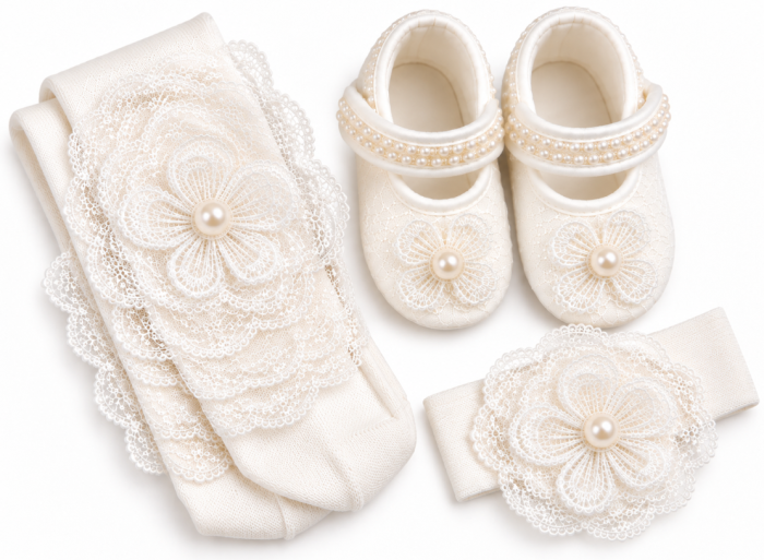 Set elegant pentru bebeluși cu pantofiori, dres și accesorii din dantelă – Caprice Baby Collection, Floricica cu perla [2]