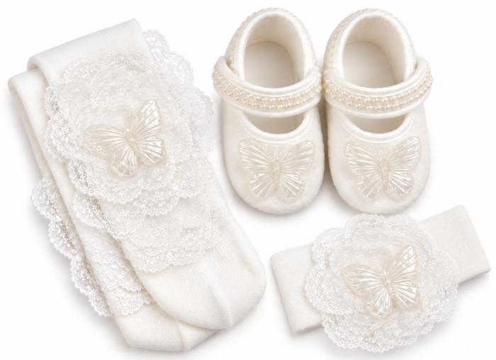 Set elegant pentru bebeluși cu pantofiori, dres și accesorii din dantelă – Caprice Baby Collection, Fluturas [2]