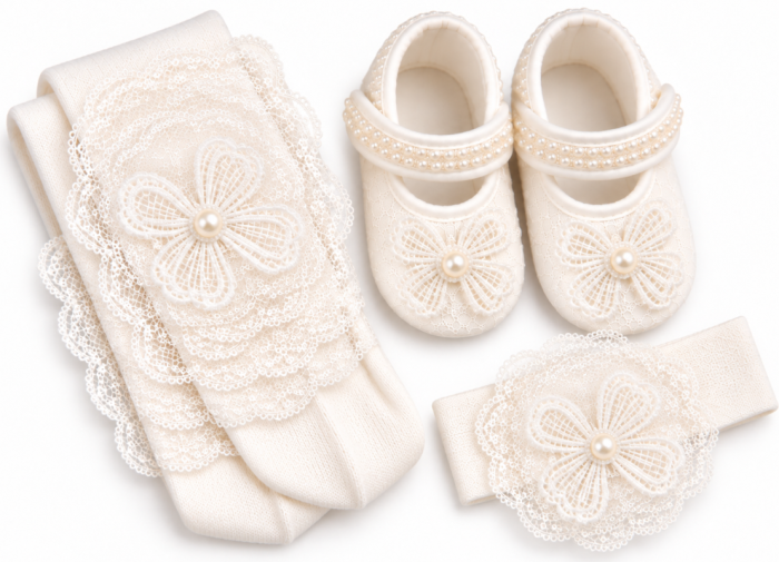 Set elegant pentru bebeluși cu pantofiori, dres și accesorii din dantelă – Caprice Baby Collection, fundite [2]