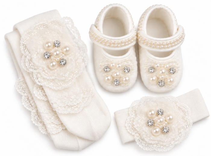 Set elegant pentru bebeluși cu pantofiori, dres și accesorii din dantelă – Caprice Baby Collection, inimioara [2]
