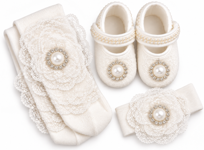 Set elegant pentru bebeluși cu pantofiori, dres și accesorii din dantelă – Caprice Baby Collection, Perla [2]