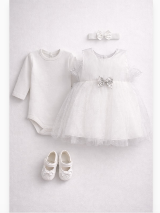 Set elegant pentru fetițe,  rochiță tull albă, body și pantofiori, 0-3 luni [2]