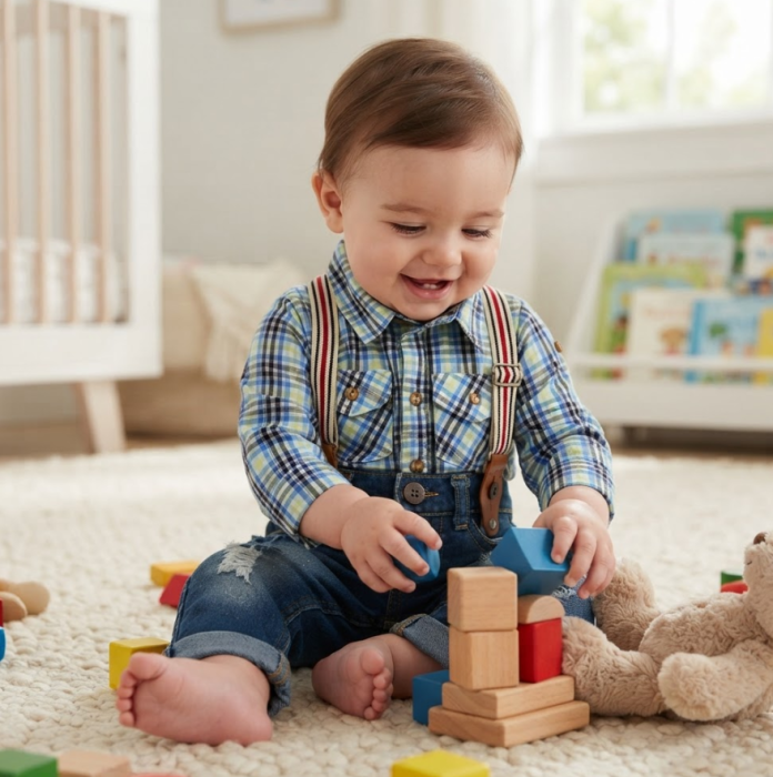 Set hăinuțe pentru băieței – Body Cămașă în carouri și blugi denim cu bretele [2]