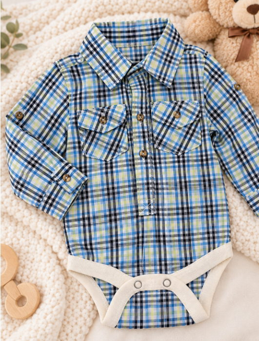 Set hăinuțe pentru băieței – Body Cămașă în carouri și blugi denim cu bretele [4]