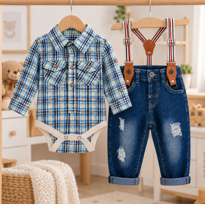 Set hăinuțe pentru băieței – Body Cămașă în carouri și blugi denim cu bretele [5]